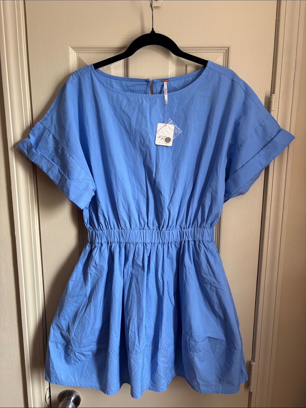 Free People Full Time Fun Light Blue Short Sleeve Gathered Waist Dress